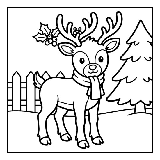 A cute reindeer with holly and berries in its antlers standing by a fence and pine, bold and easy