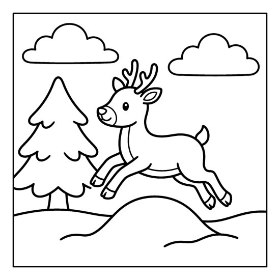 A cute reindeer leaping over a snowdrift in a field with a pine and clouds, coloring page