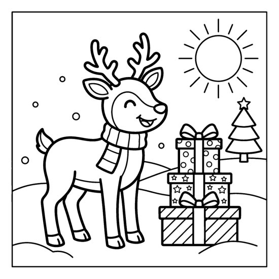 A cute reindeer with a scarf standing beside a stack of wrapped gifts by a pine, bold and easy