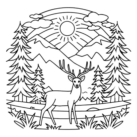 A stag stands before mountains and pine trees in this circular landscape bold and easy.