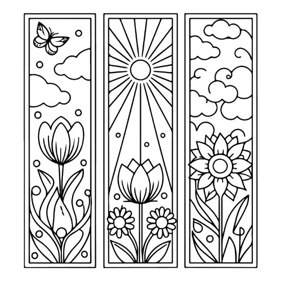 Three vertical panels featuring flowers, clouds, and a sun with thick lines for a bold and easy.