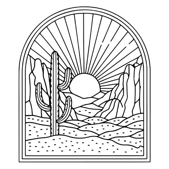 Desert landscape with a saguaro cactus and sun rays inside an arched frame coloring sheet.