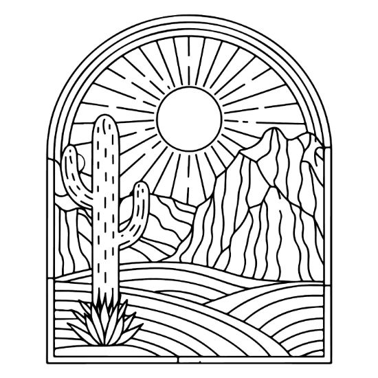 A desert landscape with a saguaro cactus and sun inside an arched frame coloring page.
