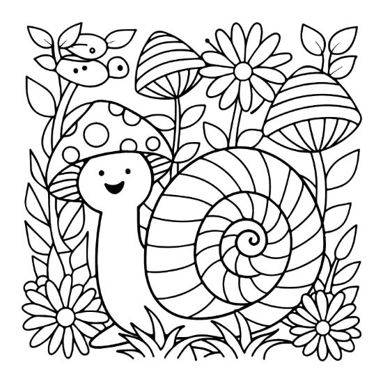A smiling snail with a mushroom hat sits among flowers and striped fungi in this bold and easy.
