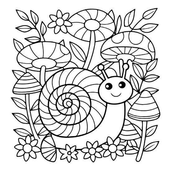 A smiling snail crawls through a garden of mushrooms and flowers in this bold and easy coloring page.