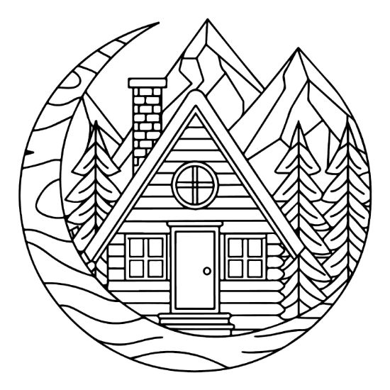 A cozy mountain cabin inside a crescent moon frame with pine trees and peaks bold and easy.