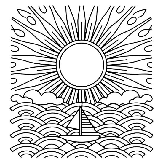 A sailboat floats on stylized ocean waves beneath a large radiant sun in this bold and easy.