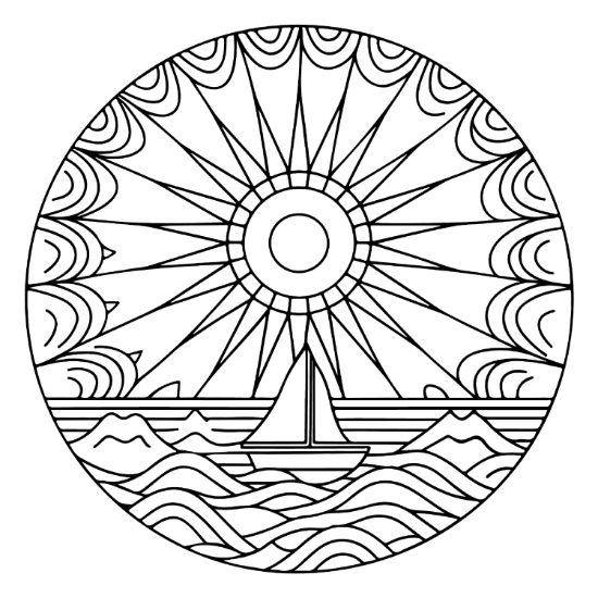 A sailboat on ocean waves under a large sun within a circular nature mandala.