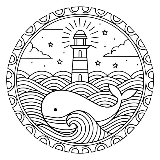 A whale and lighthouse within a circular frame featuring ocean waves and stars coloring page