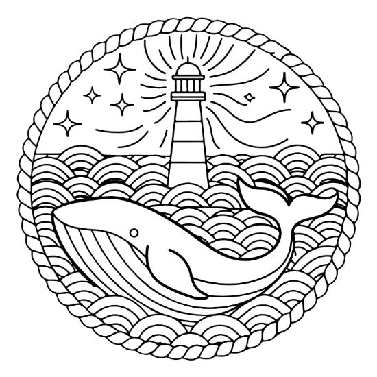 A whale swims near a lighthouse and stars inside a circular rope frame coloring page