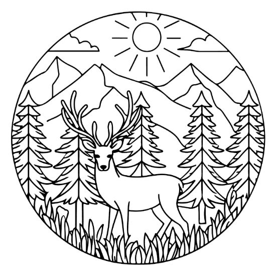 A majestic deer stands among pine trees and mountains in this circular nature coloring page.