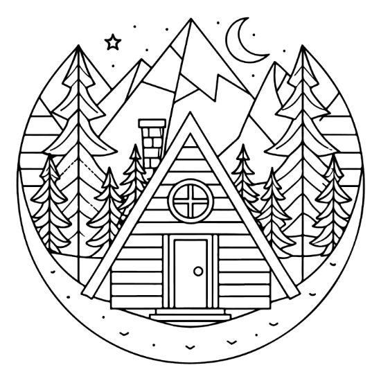 A frame cabin sits before mountains and pine trees in this circular nature coloring sheet.