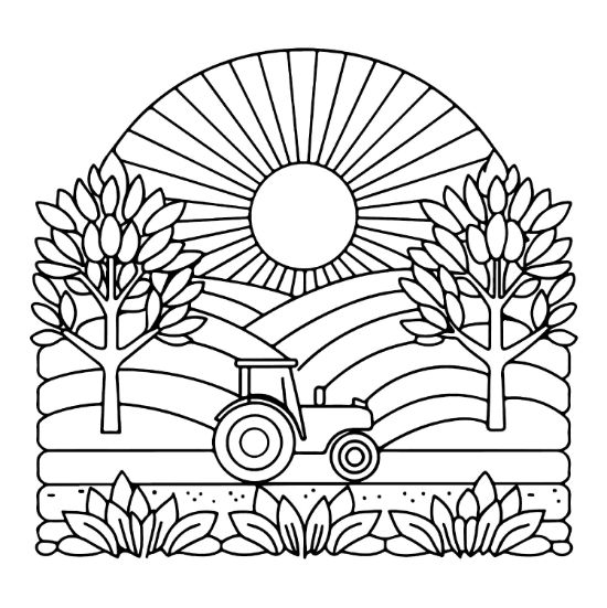 Farm landscape with a tractor and sun rays in a simple nature coloring page.