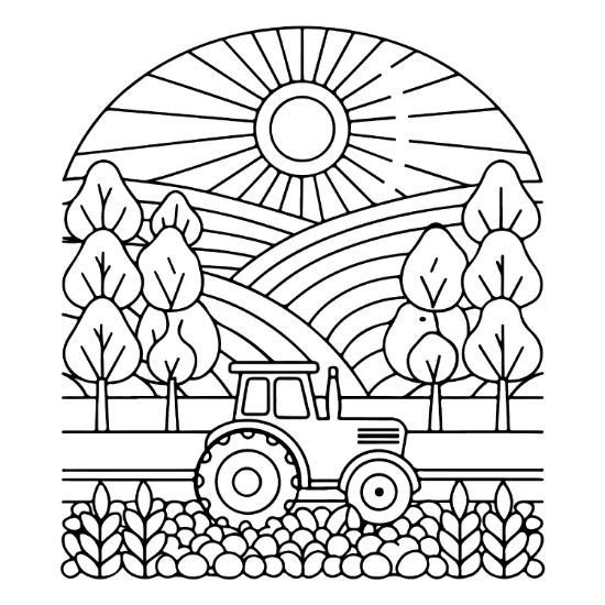 A tractor sits in a farm field with rolling hills and a large sun coloring sheet.