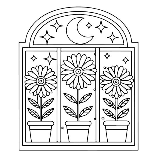 Three potted sunflowers stand in an arched window beneath a crescent moon and stars coloring sheet.