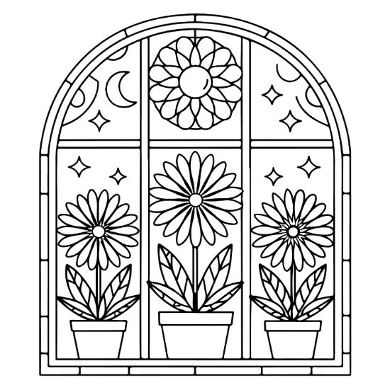 Potted flowers sit in an arched window with sun and moon motifs in this bold and easy.