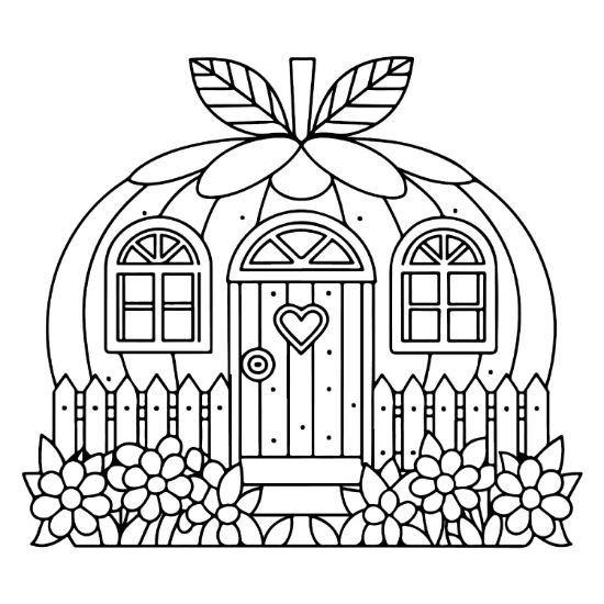 Pumpkin house with a heart door and garden flowers in a thick line art coloring sheet.
