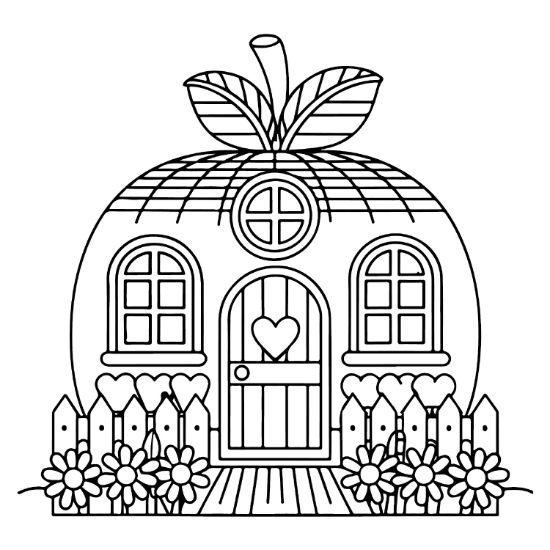 A whimsical apple house with a garden fence and flowers in a simple nature coloring page.