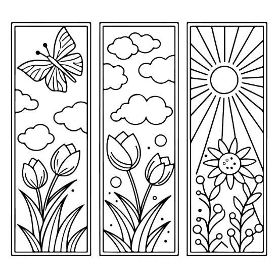 simple nature coloring pages for adults featuring vertical panels with butterflies, tulips, and sunbeams, bold and easy.