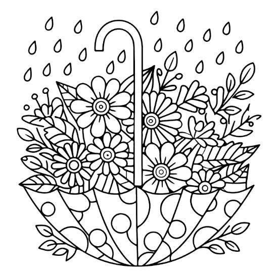 Flowers and leaves fill an upside down polka dot umbrella under falling rain drops coloring sheet.