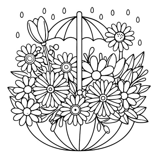 Daisies and tulips fill an upside down umbrella under falling raindrops in this simple nature coloring page.