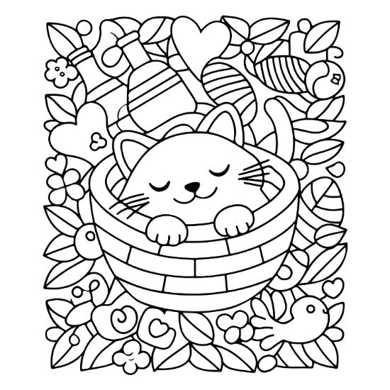 Sleeping cat in a basket surrounded by leaves and hearts in a bold and easy coloring page.