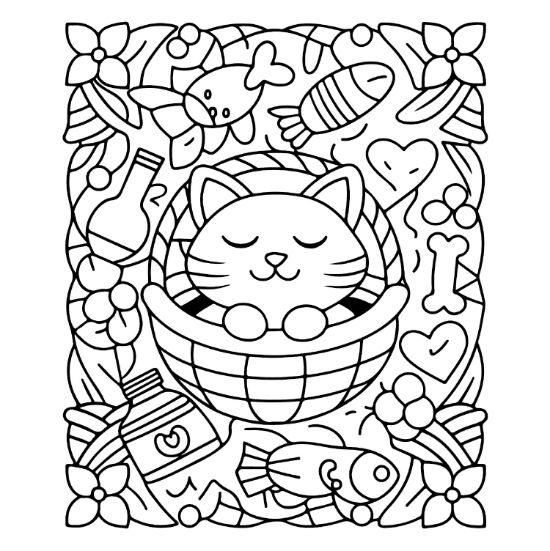 Sleeping cat in a basket surrounded by fish and hearts in a thick lined coloring page.