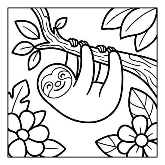 Sloth hanging upside down from a branch between two round flowers drawn with thick outlines, coloring page