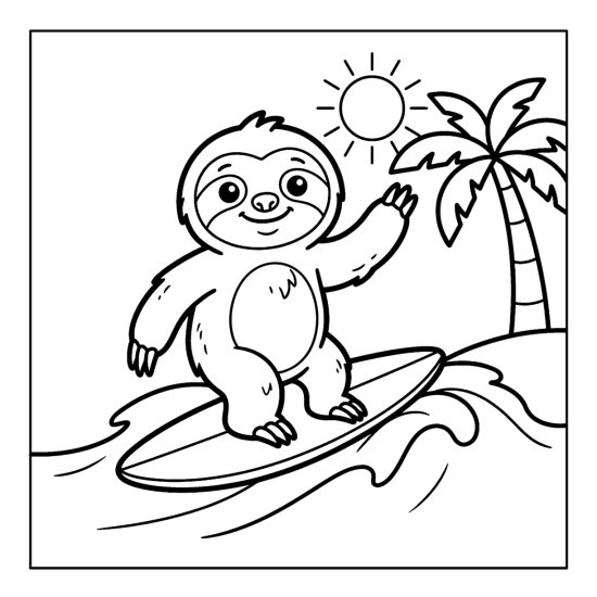 Sloth surfing a gentle wave on a surfboard near a palm tree and sun, coloring sheet