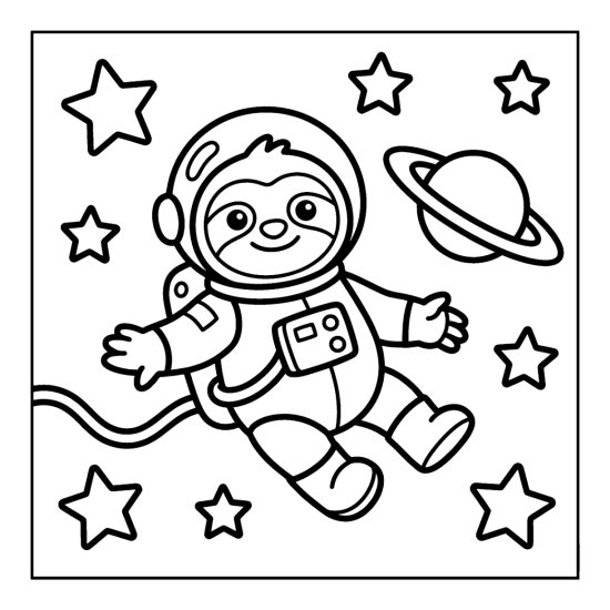 Sloth in an astronaut suit floating among stars and a ringed planet, coloring page