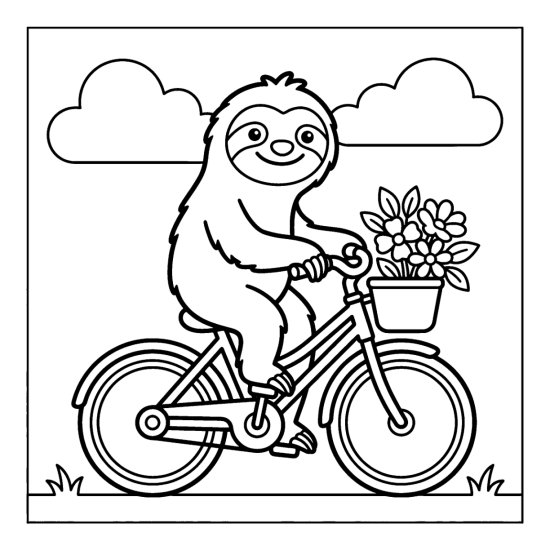 Sloth riding a bicycle with a basket of flowers under puffy clouds, line art