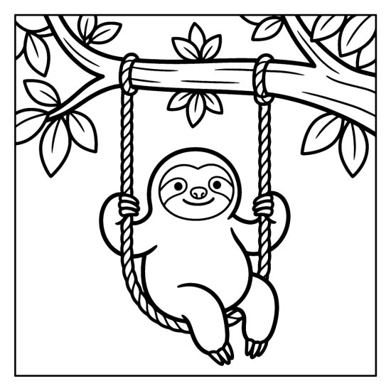 Sloth swinging on a rope swing hung from a leafy branch, coloring sheet