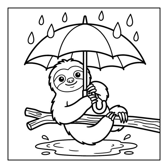 Sloth on a branch holding an umbrella in falling rain above a puddle, page to color