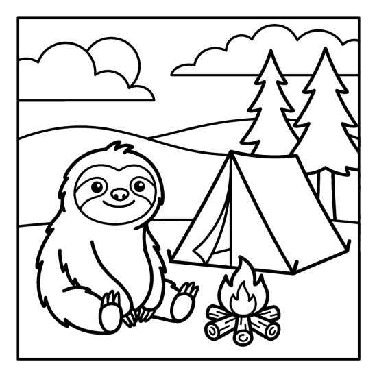 Sloth sitting by a campfire beside a tent with pine trees and rolling hills, coloring page
