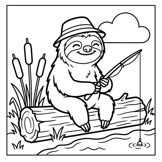 Sloth wearing a hat fishing from a log near cattails and water, line art