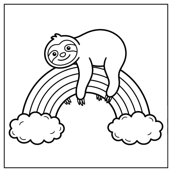 Sloth draped over a curved rainbow resting on two fluffy clouds, coloring sheet
