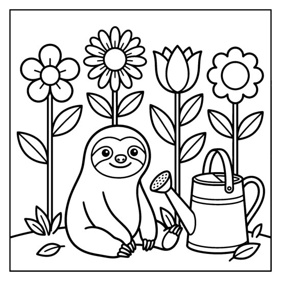 Sloth sitting among tall garden flowers beside a watering can, coloring page