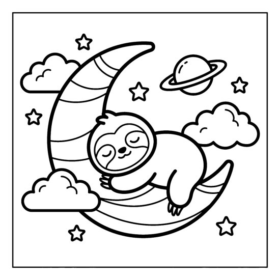 Sloth napping on a crescent moon among stars, clouds, and a ringed planet, coloring sheet