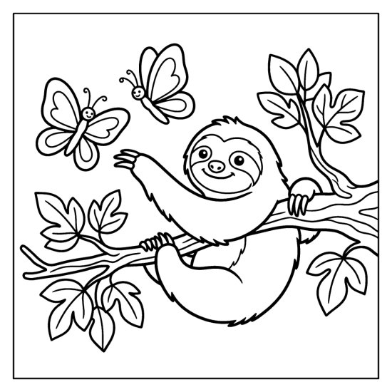 Sloth on a leafy branch reaching toward two butterflies, line art