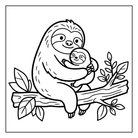 Mother sloth cradling her baby on a leafy branch, coloring page