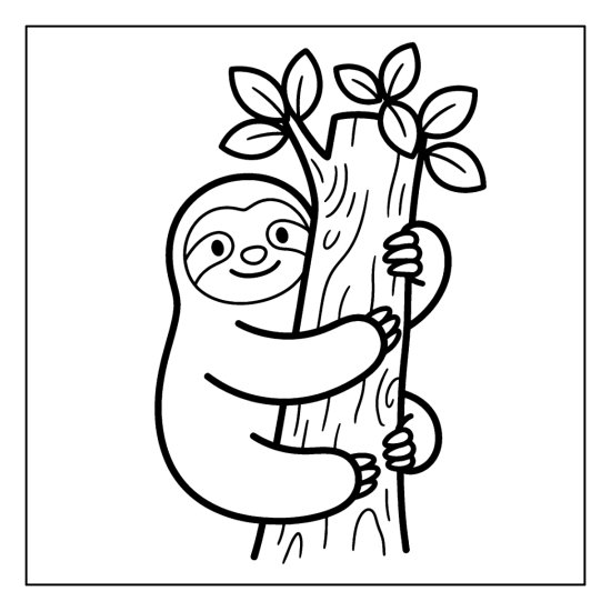 Sloth wrapping its arms around a slim tree trunk topped with leaves, coloring sheet