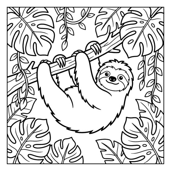 Sloth hanging from a branch framed by large monstera leaves, line art