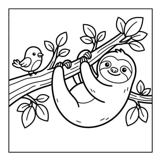 Sloth hanging from a branch smiling at a little bird perched nearby, coloring page