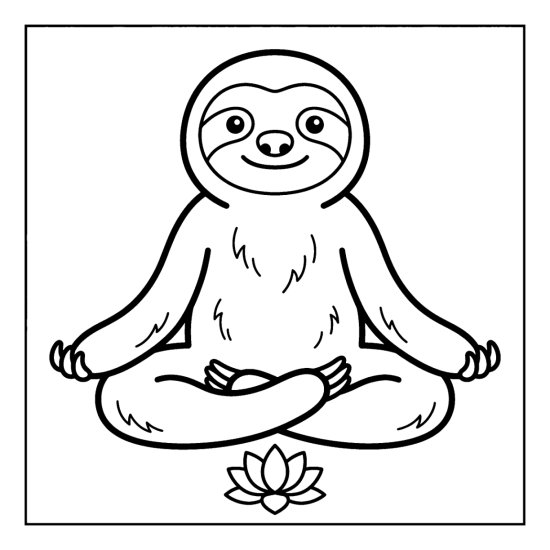 Sloth sitting cross legged in a calm meditation pose above a small lotus, line art