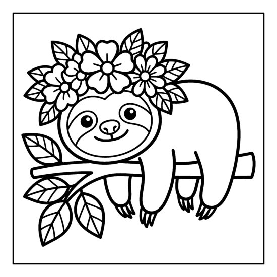 Sloth resting on a branch wearing a crown of flowers and leaves, coloring sheet
