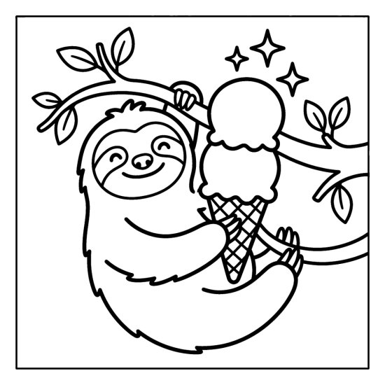 Sloth on a branch holding a tall ice cream cone with a sparkle, page to color