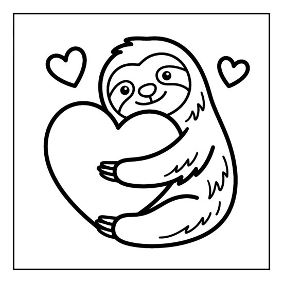 Sloth hugging a large heart flanked by two small hearts, coloring page