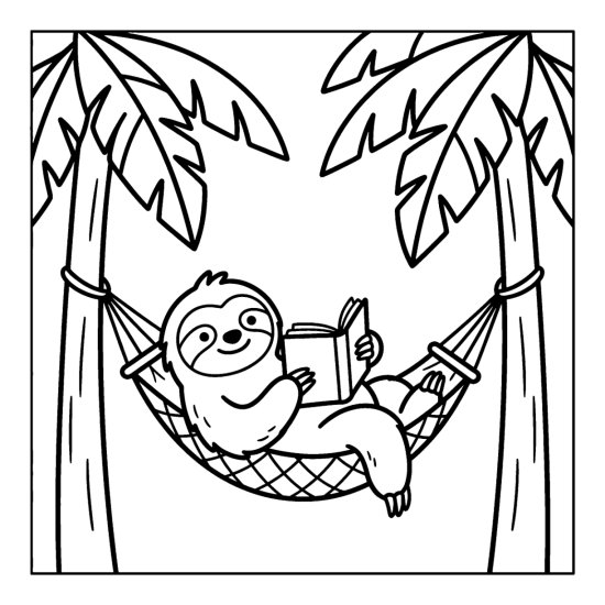 Sloth lounging in a hammock between two palm trees reading a book, line art