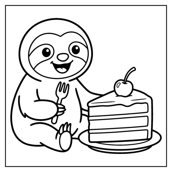 Sloth holding a fork beside a tall slice of layered cake with a cherry, coloring sheet