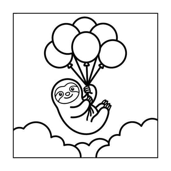 Sloth floating upward clutching a bunch of round balloons above puffy clouds, line art